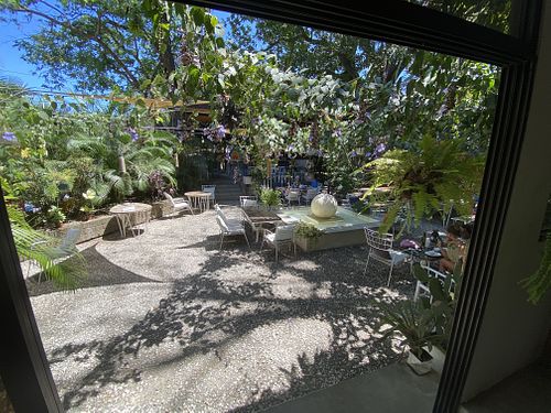 Outdoor seating area at Luv Burger in Nosara