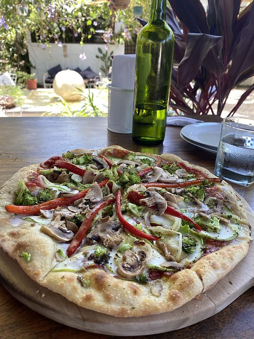 Veggie pizza (they use homemade coco cheese) at Luv Burger in Nosara