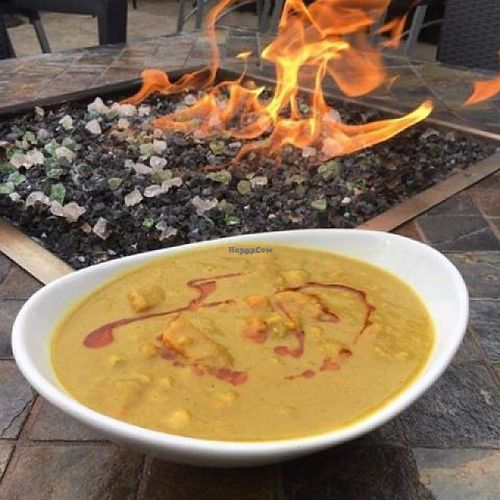 Vegan curry special: Winter squash and chick peas over Arborio rice finished with paprika oil. at Alivia's Durham Bistro in Durham