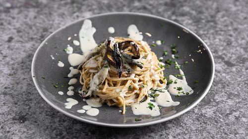 MUSHROOM and CASHEW TRUFFLE CREAM SPAGHETTI at Crudo South in Glyfada