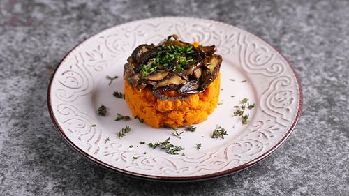 ORANGE DELIGHT
Sweet potatoes and coconut milk puree served with spicy marinated smoke baked mushrooms plevrotus. at Crudo South in Glyfada