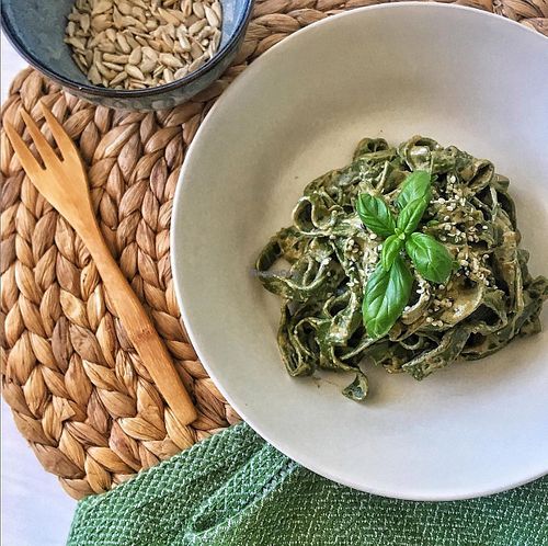 pinach fettuccine with homemade pesto sauce
 at GogoVego in Dulwich Hill