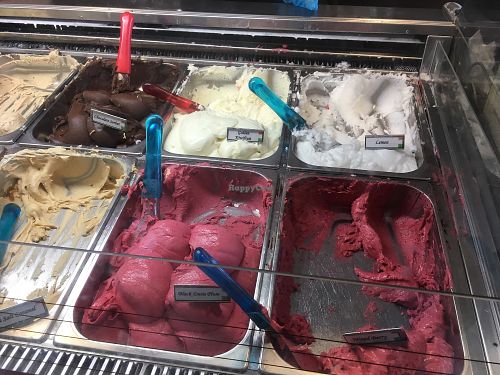 5 vegan ice cream choices (back 3 and front 2 tubs on right hand side) at Carrello del Gelato in Wellington