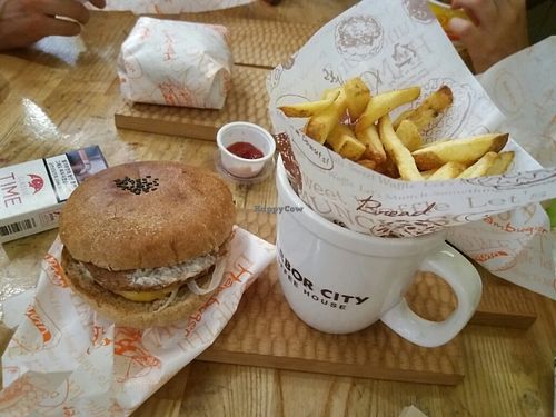 amazing tomato cheese burger and fries at Moomoo Burger & Smoothie in Busan