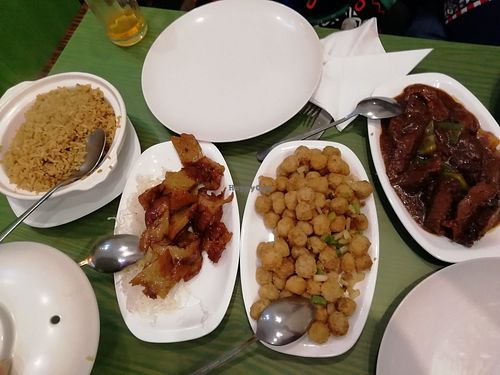 Salt & chilli soya balls, BBQ seitan, satay seitan , fried rice at Lotus Vegan Cuisine in Glasgow