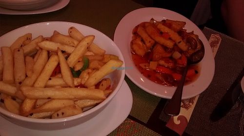 Portion of fries and tofu at Lotus Vegan Cuisine in Glasgow