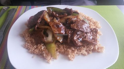 Vegan black bean beef with fired rice at Lotus Vegan Cuisine in Glasgow