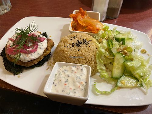 Hausbiff (‘Fish’ patty with quinoa, kimchi and dillsauce)- super tasty!! at Los Vegos in Uppsala