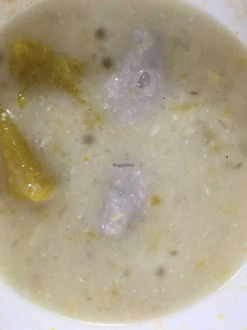 Coconut sago with corn, sweet pumpkin and taro for dessert (part of the buffet)  at Khouadin Vegetarian in Vientiane