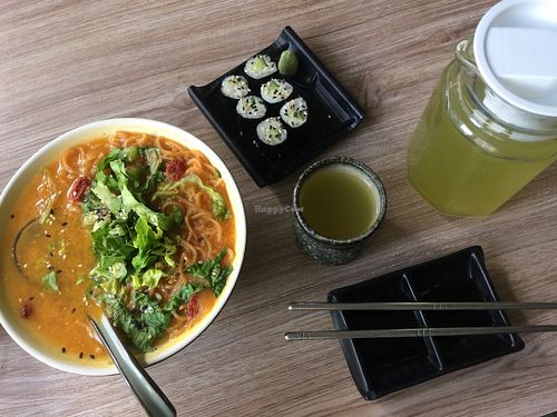 Sweet potato noodle soup and cucumber maki  at SUPE Vegan - Gurney Plaza in Penang