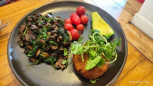 Recommended for Breakfast: Fried mushrooms and spinach, with potato pancake, avocado and grilled tomatoes. at The Yard in Faversham