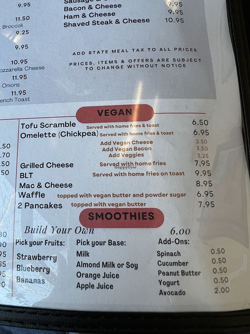 Vegan menu section  at My Diner in Melrose