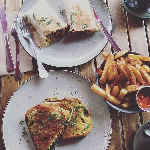 Seitan kebab, toastie and chips at Samadhi Whole Foods in Camden