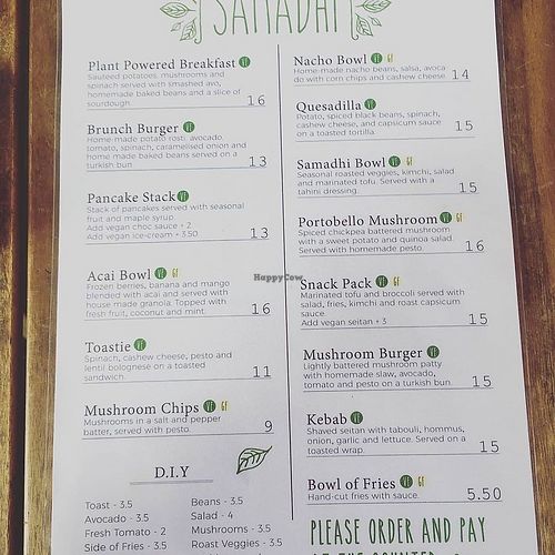 Samadhi menu at Samadhi Whole Foods in Camden