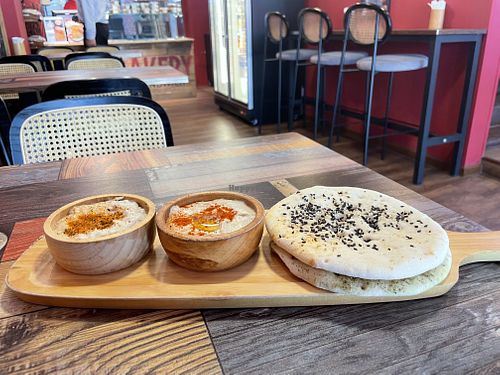 2 breads with two dips   at Pita Bakery in Central Singapore