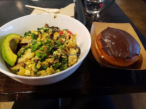 Scramble (made with vegan Just Egg) and creme filled doughnut. at Stem Farm and Kitchen in Baltimore