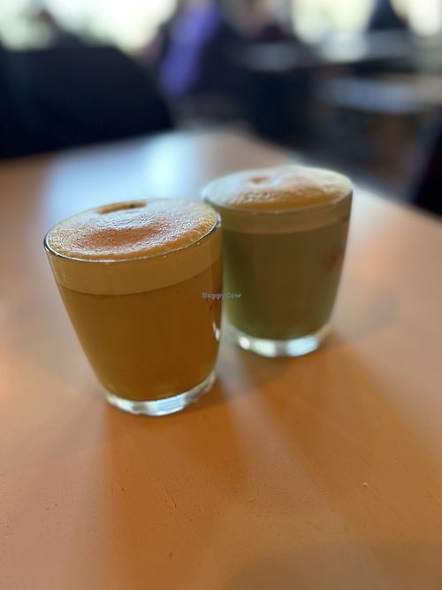 Turmeric latte and matcha & vanilla latte   at Dandelion Cafe in Saltaire