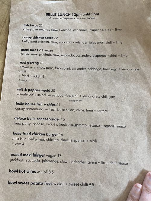 Menu. More vegan options on daily specials  at The Belle General in Ballina