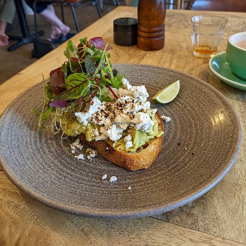 Avo toast with coconut feta. at The Belle General in Ballina