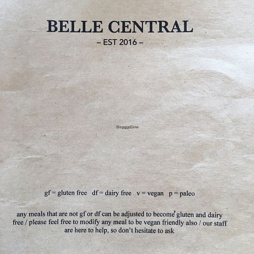 menu at Belle Central in Ballina