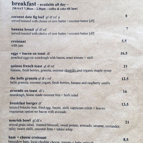 menu at Belle Central in Ballina