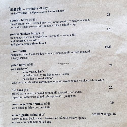 menu at Belle Central in Ballina