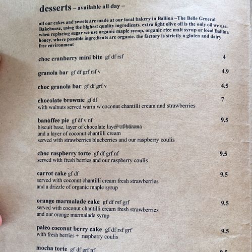 menu at Belle Central in Ballina