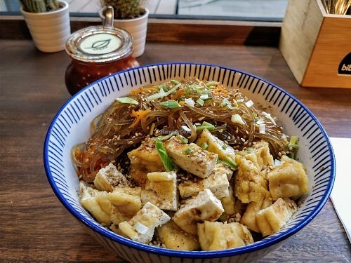 Bibimbap with rice noodles and tofu at Bibimcup in Dusseldorf