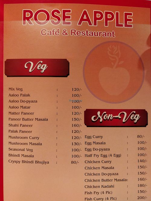 Veg and non veg menu at Rose Apple Cafe in Bodhgaya
