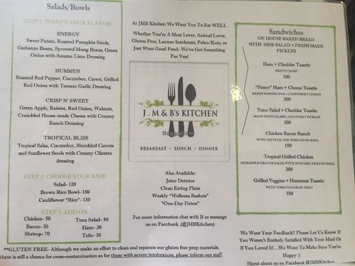 Salads, bowls and sandwich menu at J M & B's Kitchen in Koh Tao