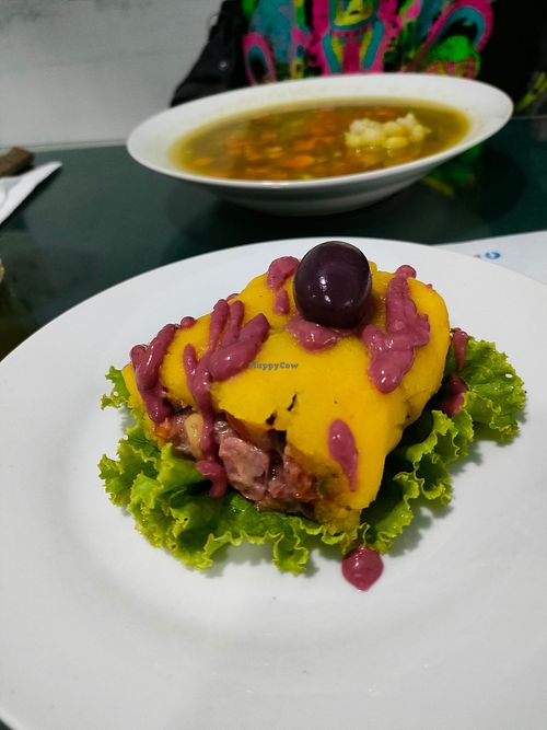 Cuasa rellena de verdura y aguadito (sopa de verduras arroz y choclo) at Mix Vegetariano in Tarapoto