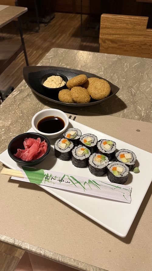 Sushi platter and falafel with hummus  at Haiku in Palermo