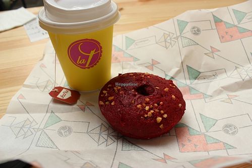 Red velvet donut and tea at La Trocadero in Barcelona
