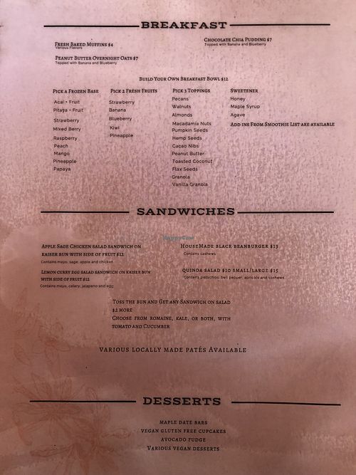 Menu at The Courtyard Juice and Fitness Center in St Croix