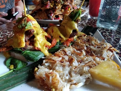 Fried avocado benedict at No Bones Beach Club in Portland