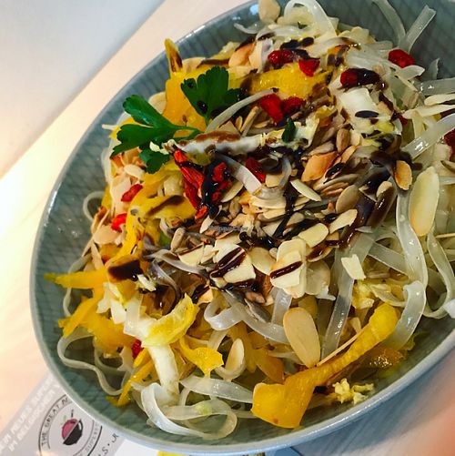 Raw salad bowl including glass noodles, gojis, bell pepper and lime vinaigrette  at The Great Berry in Cologne
