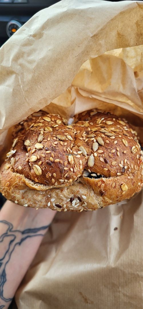 Bagel with roasted veggies and handmade vegan feta with almonds at Meraki Cafe in Volos