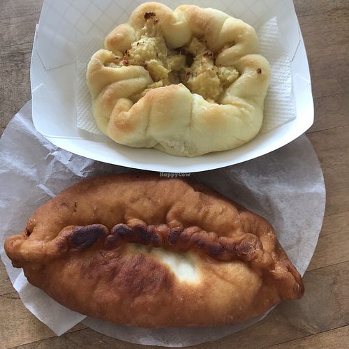 Vegan potato and vegetable pieroshkis at Homer Farmers Market in Homer