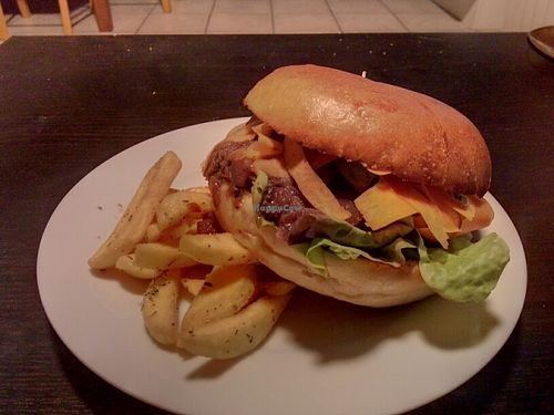 Delicious Apple (";pomme";) vegan burger and fries at Aux Petits Oignons in Aix-en-provence