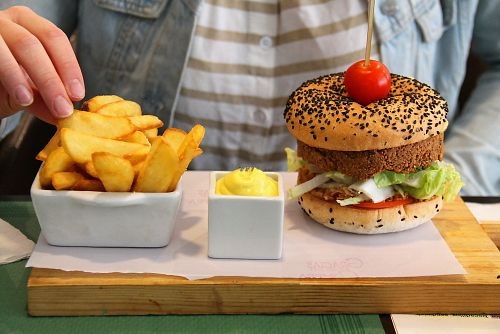 Vegan burger and fries at Green Bar. A bit dry burger, I think it had a chick pea patty.  at Green Bar in Malaga