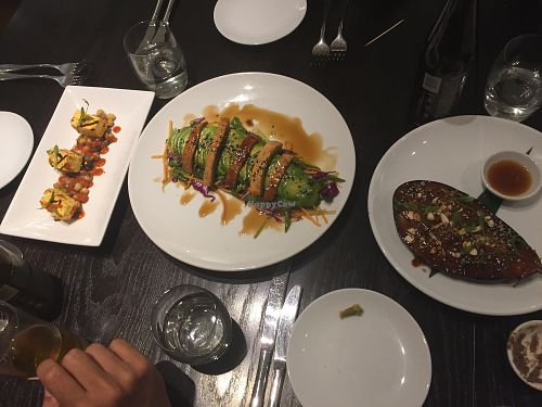 Miso glazed aubergine, tofu tikka and Green dragon salad at The Gate - Marylebone in London