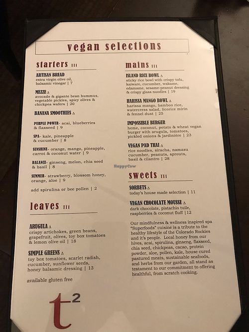 Vegan Menu at The Tavern on The Square in Vail