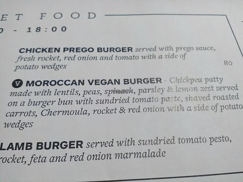 Description of the Moroccan Vegan Burger at Licorish Bistro in Johannesburg