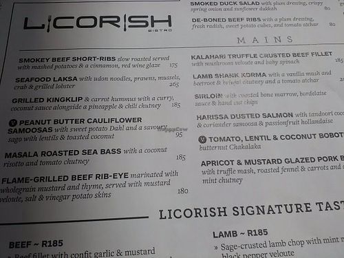 Menu has a wide variety of veggie options at Licorish Bistro in Johannesburg