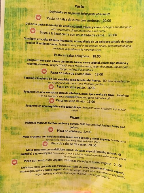menu at Vida Vegan Bistro in Cusco