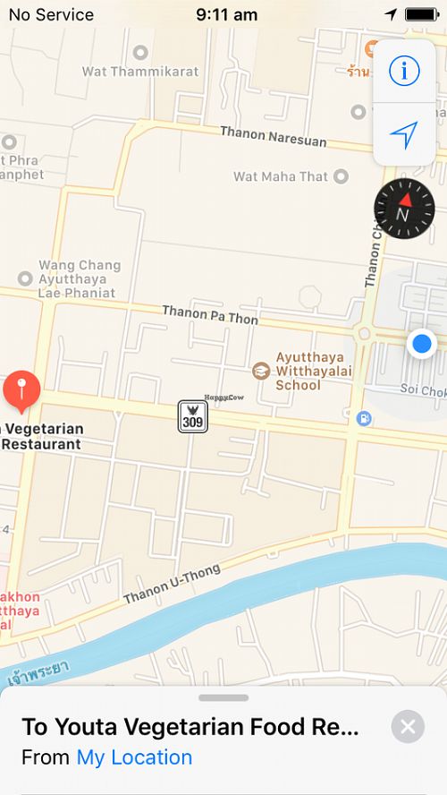 Follow the blue dot at Ranahat Je Vegan Restaurant in Ayutthaya