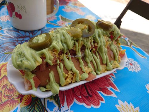 Seitan hotdog with avocado, avocado sauce, tortilla chips, salsa at Monte Culebra in Malaga