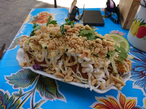 Seitan hot dog with mayo, peanuts, cabbage, coriander at Monte Culebra in Malaga