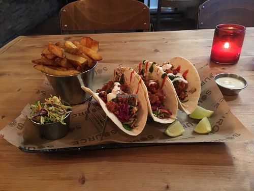 Delicious vegan Taco Taco Taco tray, incredible chips.  at Source in York