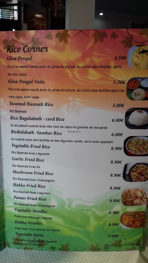 Menu at Saravanaa Bhavan in Paris